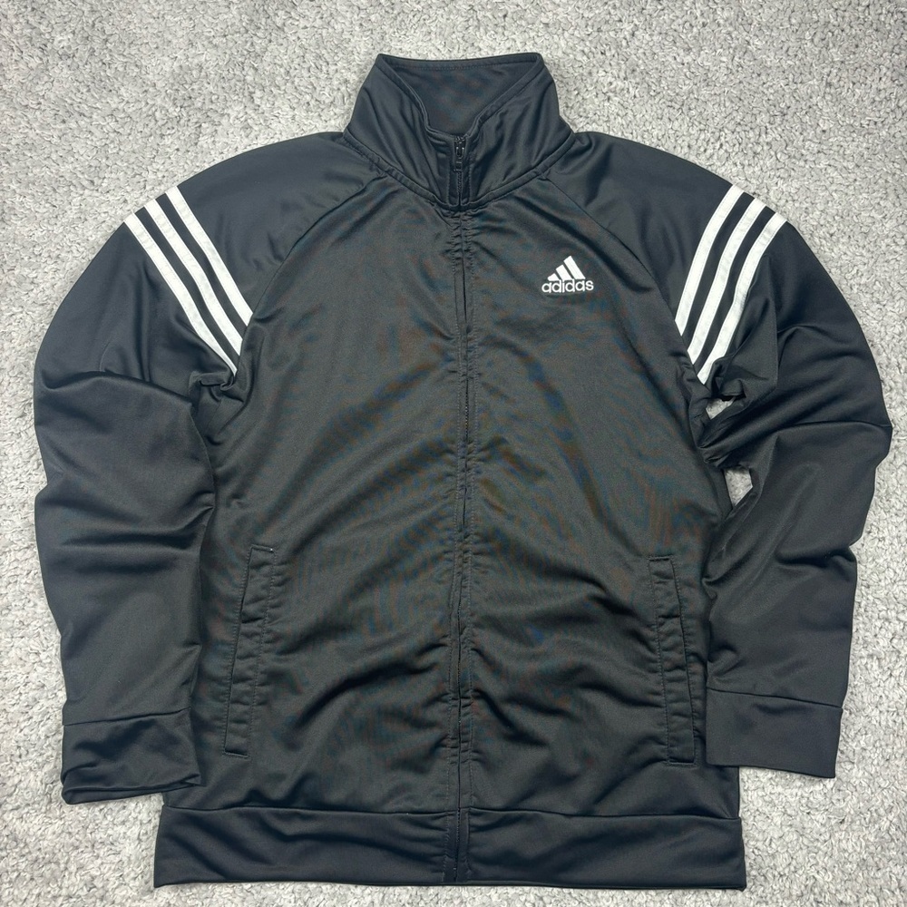 Adidas Jacket Boys Large Zip Up Activewear Pockets Athleisure Gym 3 Stripes